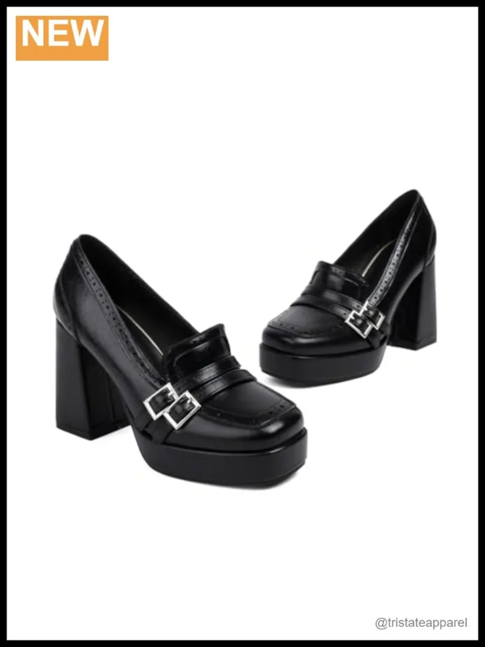 Women's Faux Leather Buckle Chunky High Heel Loafers Platform Block Heel Pumps